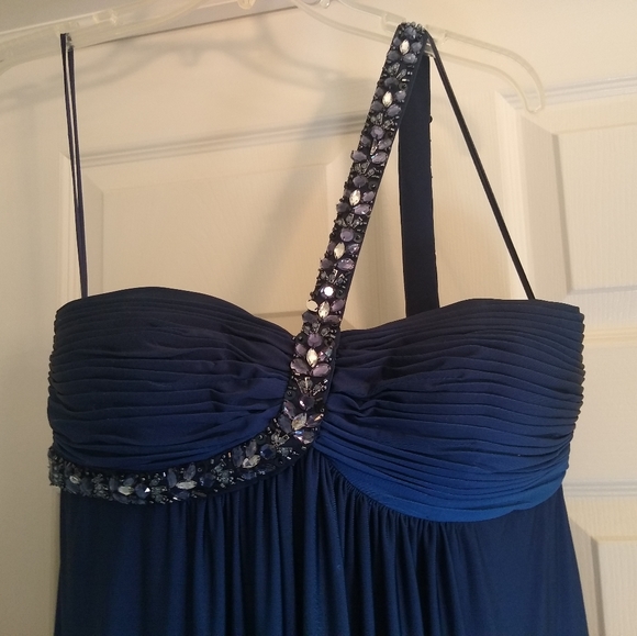 Cache Royal Blue Ombre One Shoulder Prom Dress with Beautiful Bead Detailing. - Picture 3 of 8